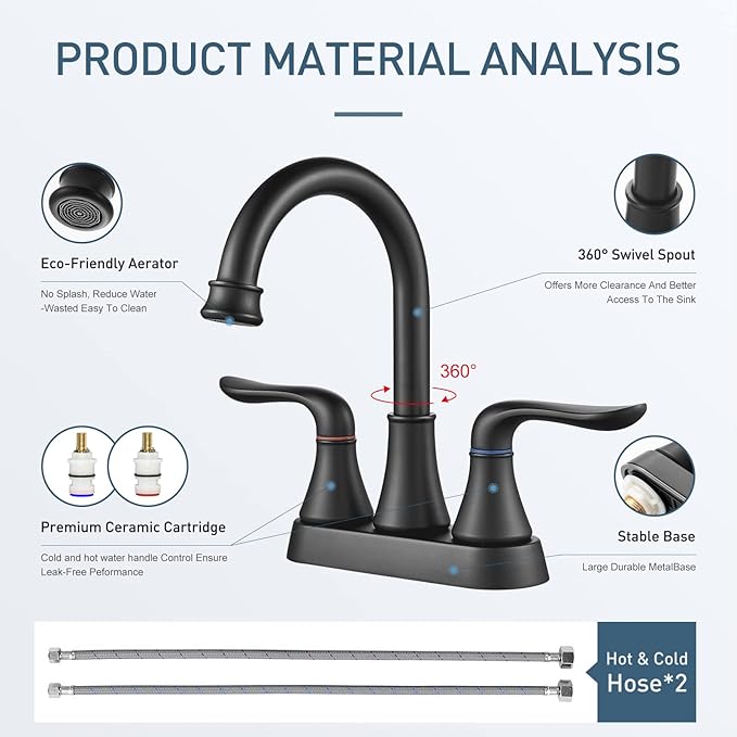 Bathroom Faucets for Sink 3 Hole, 4 inch Matte Black with Pop-up Drain and 2 Supply Hoses 2 Handle Centerset Faucet for Sink Vanity