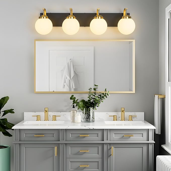 4-Light Bathroom Vanity Light Fixtures Sand Black Gold Vanity Lights Over Mirror Modern Wall Sconce with Milk White Glass Globe Lampshade for Lving Room Dining Room Corridor Powder Room