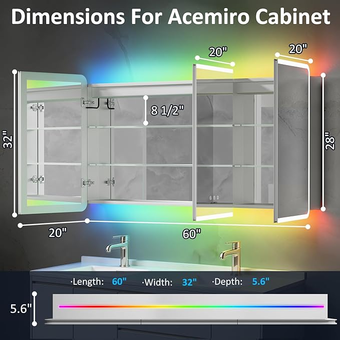 60×32 Inch Lighted Medicine Cabinet with Mirror, RGB Backlit LED Medicine Cabinet with 3-Color Front Lights, Bathroom Mirrored Cabinet with Electrical Outlet, Defogger, Three Door