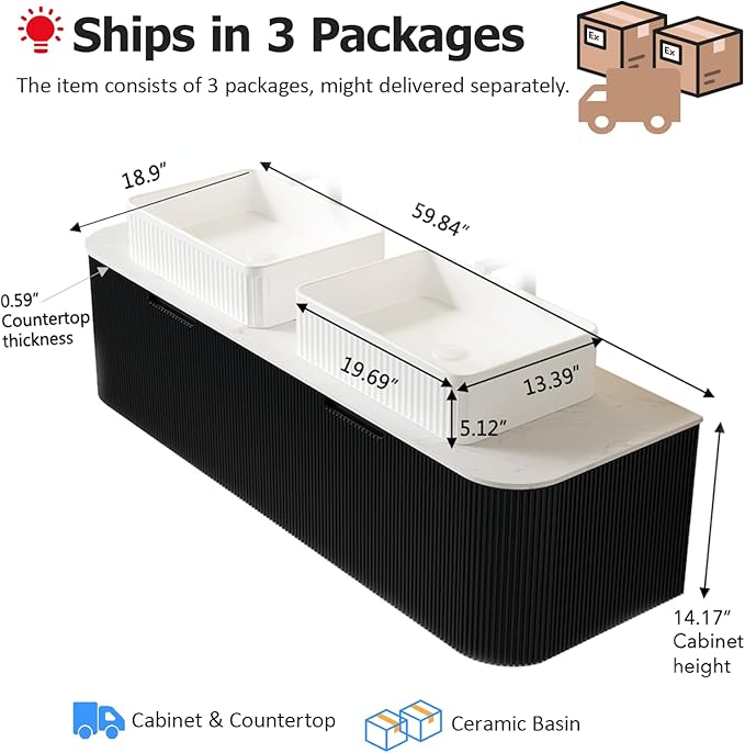 60" Floating Bathroom Vanity with Double Sink, Modern Bathroom Vanities with Marble Countertop and White Rectangular Ceramic Sink, Soft-Close Design, Natural Solid Wood Cabinet, Pre-Assembled, Black