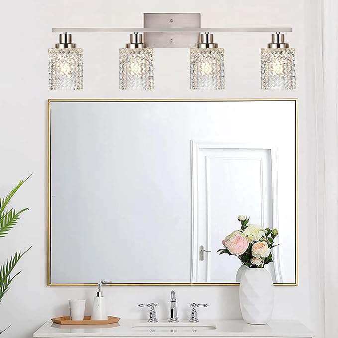 MELUCEE 4 Lights Brushed Nickel Vanity Light with Hammered Glass Shade | Indoor Metal Bathroom Light Fixtures Wall Lights for Powder Room Hallway Kitchen, E26 Base