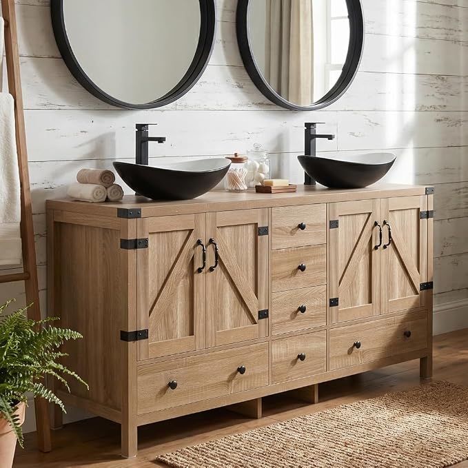 60 inch Natural Color Bathroom Vanity, Rustic Fixture Standing Pedestal Cabinet with Two Black and White Ceramic Boat Sinks