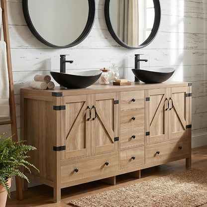 60 inch Natural Color Bathroom Vanity, Rustic Fixture Standing Pedestal Cabinet with Two Black and White Ceramic Boat Sinks