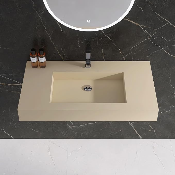 35" x 19" Bathroom Sink with Single Faucet Hole, Stone Resin Wall Mount Sink, Rectangle Solid Surface Vessel Sinks for Bathroom, Floating or Countertop Vessel Sinks, Latte Color