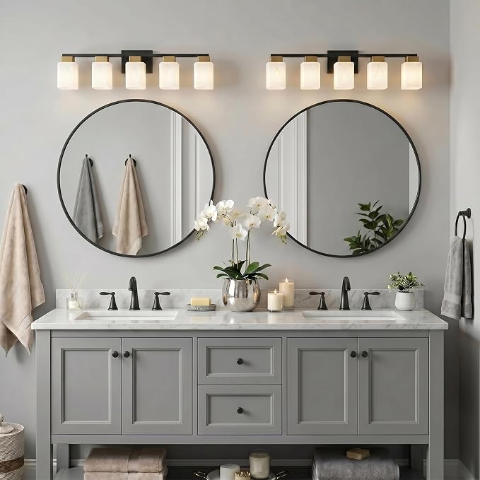 5-Light Square Bathroom Light Fixture, Black and Gold Modern Vanity Light with White Marble Glass Shade, for Bathroom Mirror, Living Room, Bedroom, Hallway, E26 Base