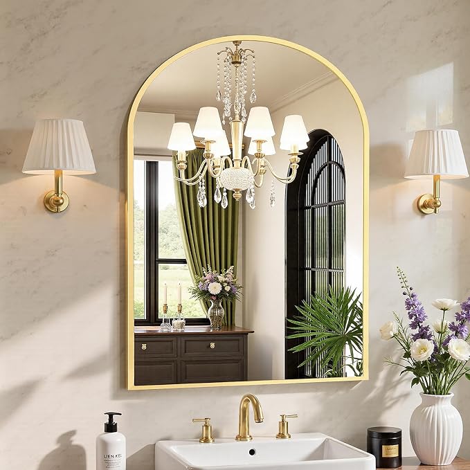 Sweetcrispy 38x30 Bathroom Mirrors for Wall, Arched Mirror for Over Sink | Metal Framed HD Shatter-Proof Glass, Decor Wall Mirror for Entryway, Living Room, Bedroom, Gold
