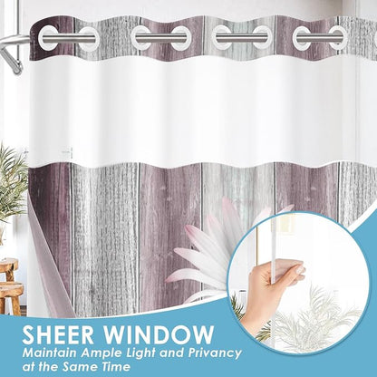 No Hook Shower Curtain with Snap in Liner 71x86 Inch Pink Daisy | Farmhouse Flower Rustic Modern Double Layers Waterproof Fabric with See Through Top Window Open Grommet Bath Curtain