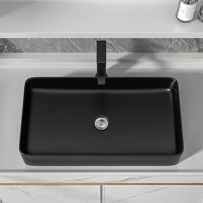 24"x14" Black Bathroom Vessel Sink Rectangular - Matte Black Porcelain Ceramic Rectangle Above Counter Vanity Lavatory Bath Sink Art Basin
