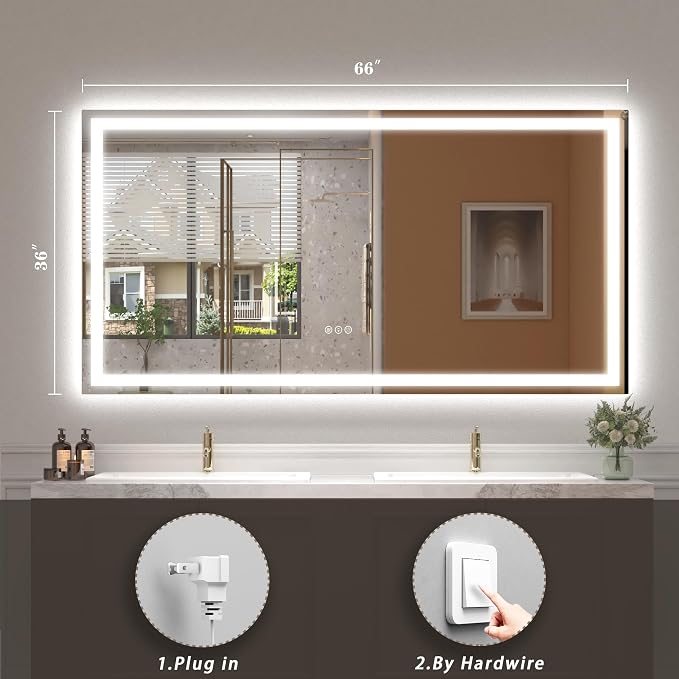 66x36 LED Lighted Bathroom Mirror for Vanity Wall | Front Light and Backlit, Anti-Fog, Memory, 3 Color, Tempered Glass, Dimmable, Rectangular, UL, Horizontal/ Vertical Mounted