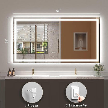 66x36 LED Lighted Bathroom Mirror for Vanity Wall | Front Light and Backlit, Anti-Fog, Memory, 3 Color, Tempered Glass, Dimmable, Rectangular, UL, Horizontal/ Vertical Mounted