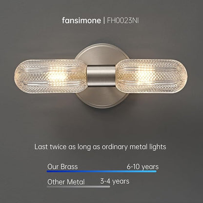 Brushed Nickel Wall Sconces 12.3in Knurled Glass Wall Light, Brass Material | 2-Light Wall Lights for Bathroom Bedroom Hallway Bathroom Vanity Mirror Entrance, Hardwired, bulb included
