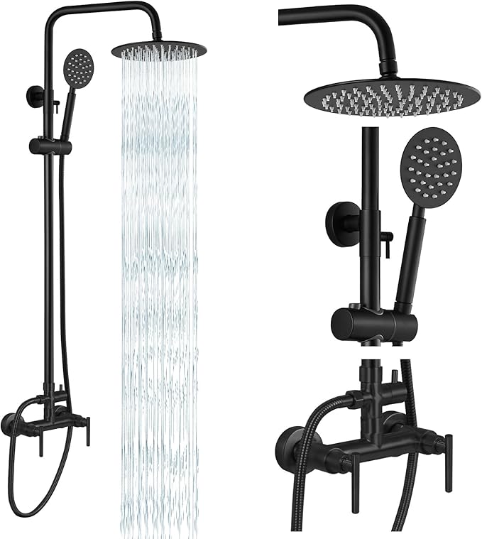 gotonovo Outdoor Shower 304 Stainless Steel, Matte Black, Lever Handle | Rain 8 Inch Outdoor Shower Head with Handheld Kit Fixtures System Faucet Set with Valve Wall Mount for Seaside Backyard Pool
