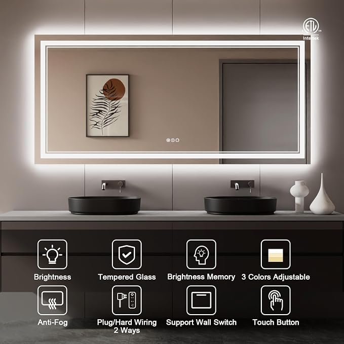 84x40 Inch LED Bathroom Mirror with Lights | Front and Backlit, 3 Colors, Dimmable, Memory, Anti Fog, Shatterproof, Horizontal/Vertical, Lighted Mirrors for Bathroom Wall