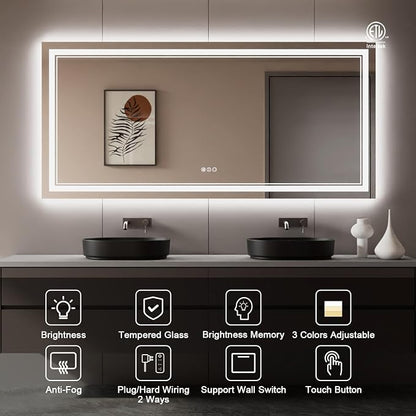 84x40 Inch LED Bathroom Mirror with Lights | Front and Backlit, 3 Colors, Dimmable, Memory, Anti Fog, Shatterproof, Horizontal/Vertical, Lighted Mirrors for Bathroom Wall