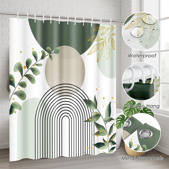 Bathroom Sets with Shower Curtain and Rugs, 4 Pcs, Boho Sage | Green Abstract Botanical Mid Century Bathroom Decor Set with Toilet Lid Cover, Non-Slip Bath Mats and Accessories 12 Hooks