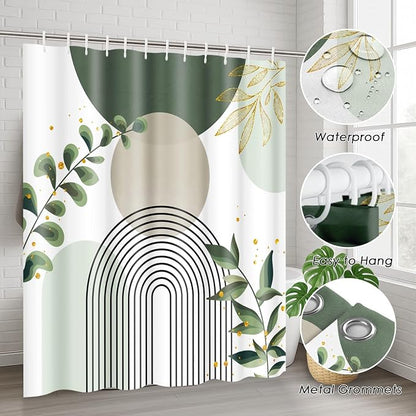 Bathroom Sets with Shower Curtain and Rugs, 4 Pcs, Boho Sage | Green Abstract Botanical Mid Century Bathroom Decor Set with Toilet Lid Cover, Non-Slip Bath Mats and Accessories 12 Hooks