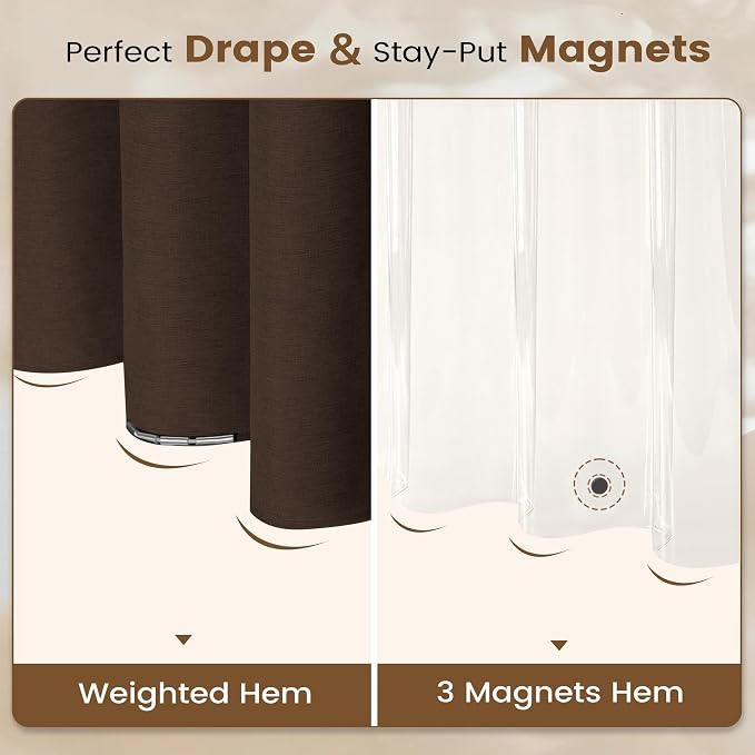 BTTN 72x84 Tall 3 in 1 Linen Texture Cloth Shower Curtain with Liner, Brown | Long Size, 230GSM Heavy Duty Polyester, Waterproof Clear Liner, Weighted Hem, 12 Plastic Hooks, Hotel Style, Machine Washable