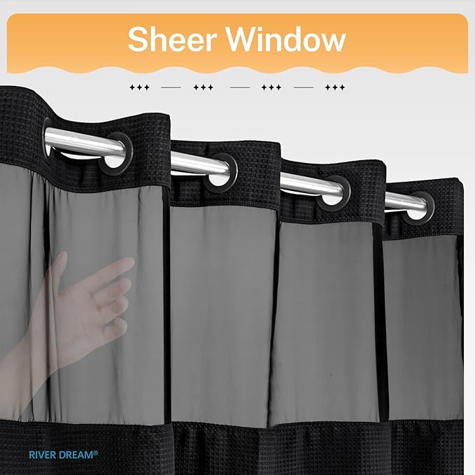 RiverDream Heavyweight Waffle No Hook Shower Curtain with Liner,Black,36x74 | Dotted Waffle,Snap-in Liner,Heavy Duty,Quick Dry,Mesh Top Window,With Bottom Magnets,Hotel-Grade,Washable,Small Stall Size