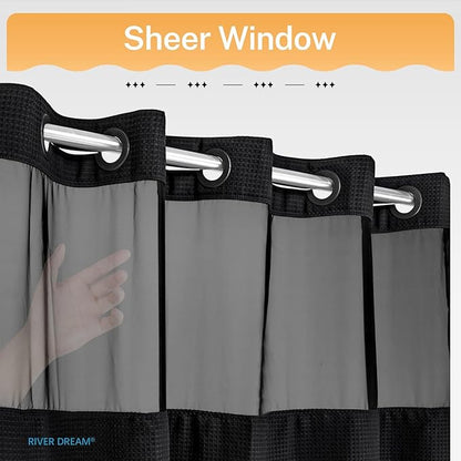 RiverDream Heavyweight Waffle No Hook Shower Curtain with Liner,Black,36x74 | Dotted Waffle,Snap-in Liner,Heavy Duty,Quick Dry,Mesh Top Window,With Bottom Magnets,Hotel-Grade,Washable,Small Stall Size