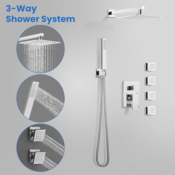 gotonovo Rainfall Shower System with Full Body Jets 4pcs Polished Chrome | 12’’ Rainfall Shower Head with Handheld Spray Combo,Wall Mount,Rough-in Valve and Trim Kit,Brass Body Message Jets,All Metal