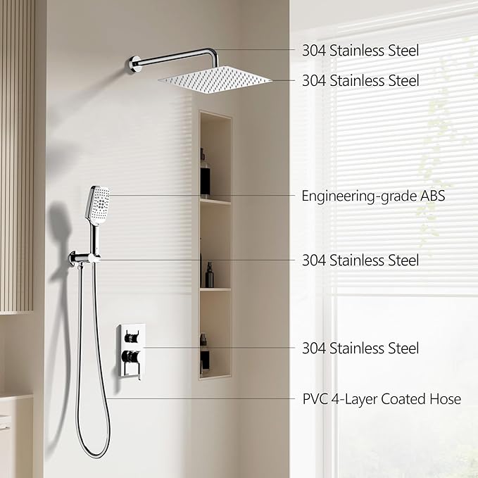 Shower Faucet Set - 12 inches Rain Shower System with 6 Function Handheld Shower Head Rough in Pressure Balance Valve Kit - Stainless Steel Bathroom Shower Kit Complete （Polished Chrome）