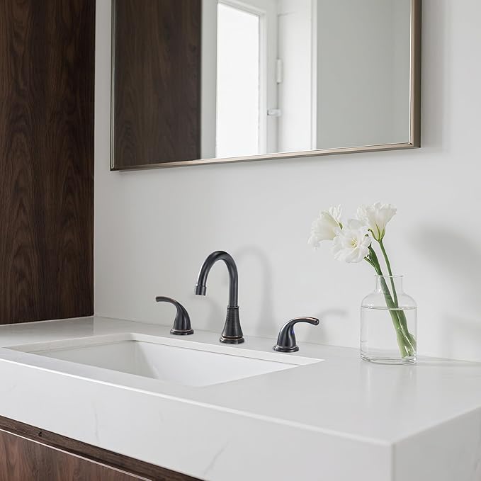 Bathroom Faucet 3 Holes, 8 Inch Widespread Faucet 2 Handle Bathroom Sinks Faucets Lead-Free Oil Rubbed Bronze Bath Sinks Faucets with Pop-up Drain Stopper and Supply Hoses