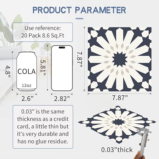 MORCART 20PCS 7.87" x 7.87" Peel and Stick Floor Tile,Dark Blue Floral Look | Self-Adhesive DIY Vinyl Flooring, Removable and Waterproof Tile Sticker for Bathroom, Kitchen, Wall, Bedroom, Stairs