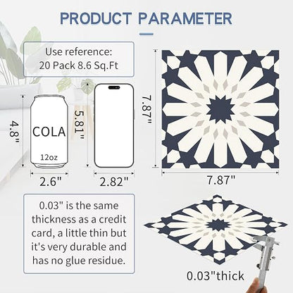 MORCART 20PCS 7.87" x 7.87" Peel and Stick Floor Tile,Dark Blue Floral Look | Self-Adhesive DIY Vinyl Flooring, Removable and Waterproof Tile Sticker for Bathroom, Kitchen, Wall, Bedroom, Stairs
