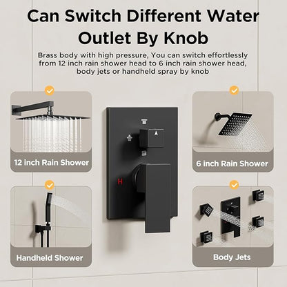 Shower Systems with 4 Body Spray Jets, STARBATH 4 Way 12+6" Rainfall Shower Head with Handheld Combo, Wall Mounted Shower Jets System Shower Faucet Sets Complete, Matte Black