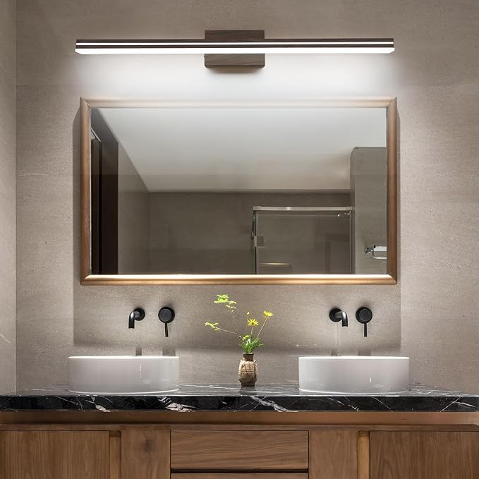 SineRise LED Modern Bathroom Vanity Light Fixtures (40-Inch, 3000K/4000K/6000K, Dimmable), Brown Wood Painted Modern Acrylic Bathroom Wall Lighting Fixtures Over Mirror