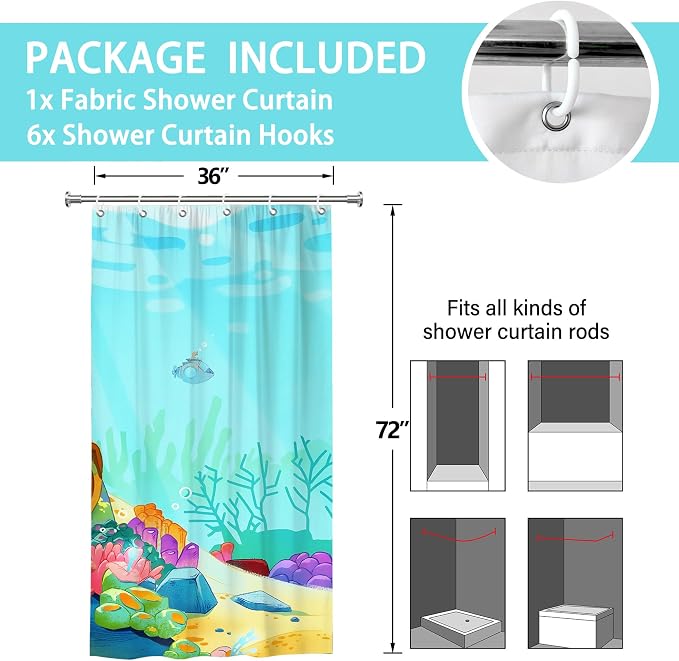 Cartoon Turquoise Underwater Coral Kids Shower Curtain Set 36x72 Inches | Cartoon Underwater Coral Print, Cute Beach Decor for Boys and Girls, Ideal for Kids Stall Bathroom & Housewarming Gift