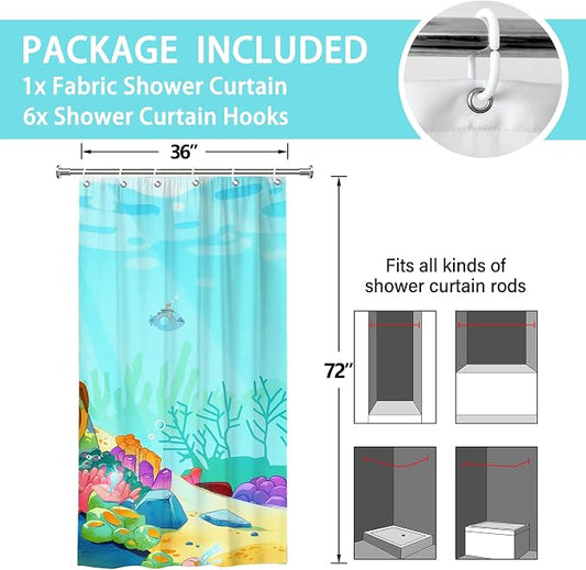 Cartoon Turquoise Underwater Coral Kids Shower Curtain Set 36x72 Inches | Cartoon Underwater Coral Print, Cute Beach Decor for Boys and Girls, Ideal for Kids Stall Bathroom & Housewarming Gift