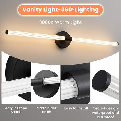 Bathroom Vanity Lights 39" Long LED Vanity Light Bar Black | 360° Bright Bathroom Lights, Dimmable Vanity Light, Hardwired Wall Light 3000K Warm White for Mirror
