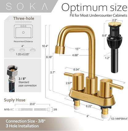 SOKA Centerset Bathroom Faucet 2 Handles 4 Inch Commercial Hand Sink Touch Faucets 3 Hole Bathroom Sink Faucet Gooseneck, Gold