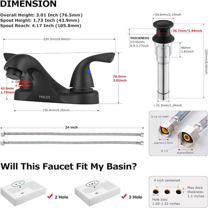 Matte Black Bathroom Faucet 4 Inch Centerset for Lavatory Sink | Mid Arc, 2 Handle Lead-Free RV Bathroom Faucet with Metal Pop Up Drain Supply Lines, for 2 or 3 Hole Lavatory Utility Sink