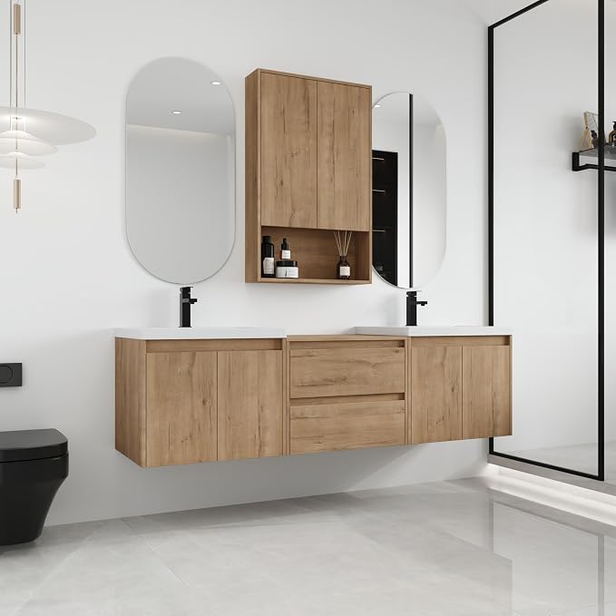 72'' Floating Bathroom Vanity with Double Sink, and 1 Side Cabinet, Brown | Double Sink Combo with 24" Side Cabinet, Plywood Cabinet, Resin Basin, Ample Storage, Soft-close Hinge, Assembly Required