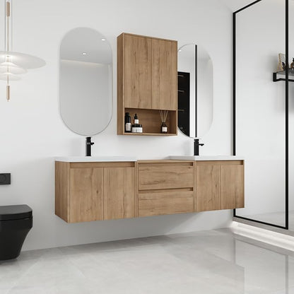 72'' Floating Bathroom Vanity with Double Sink, and 1 Side Cabinet, Brown | Double Sink Combo with 24" Side Cabinet, Plywood Cabinet, Resin Basin, Ample Storage, Soft-close Hinge, Assembly Required