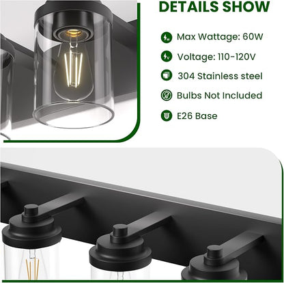 Bathroom Vanity Light Fixture, 4-Light Modern Black Vanity Light Fixtures with Clear Glass Shade, Matte Black Bathroom Light Fixtures Over Mirror, Rustic Restroom Lighting Fixtures
