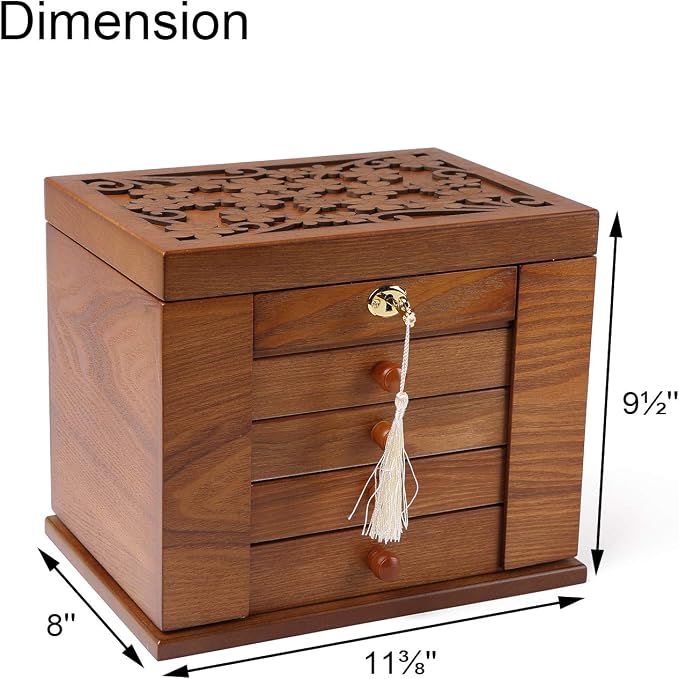 Changsuo Wooden Jewelry Box for Women, Organizer Box of Solid Wood with Lock and Key for Jewelries, Watches, Necklace, Ring, Lockable Storage Case (Cherry)
