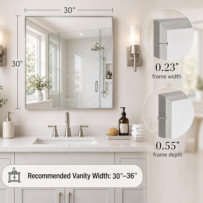 30"x30" Brushed Nickel Framed Square Bathroom Vanity Wall Mirror | Accent Wall Mirror, Square Geometric Look, Slim Metal Frame, Living Room or Entryway, Keyhole Mount, Tempered Glass