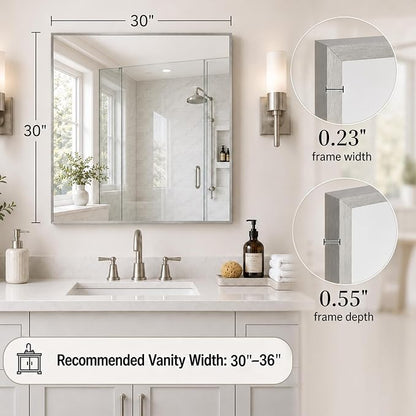 30"x30" Brushed Nickel Framed Square Bathroom Vanity Wall Mirror | Accent Wall Mirror, Square Geometric Look, Slim Metal Frame, Living Room or Entryway, Keyhole Mount, Tempered Glass