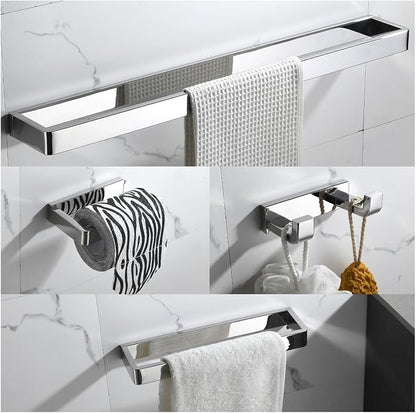 YACVCL 4-Piece Bathroom Hardware Accessories Set Polished Chrome Towel Bar Set Square Towel Holder Kit Stainless Steel Wall Mounted