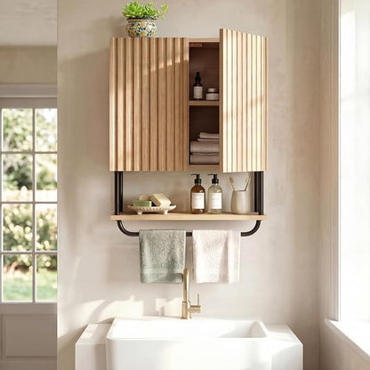 Fluted Bathroom Wall Cabinet,Wooden Medicine Cabinet with Towel Bar Oak | Fernitry Over the toilet Storage Cabinet Wall Mounted with Adjustable Shelf and Towel Bar 3-Tier 2 Doors Curved Modern