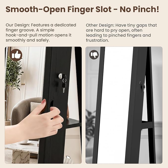 4-In-1 Jewelry Cabinet Jewelry Armoire Lockable Standing, Black | Jewelry Organizer with Storage, Full-Length Mirror, 3 Storage Shelves, Makeup Mirror, 360 ° Swivel Jewelry Armoire for Women