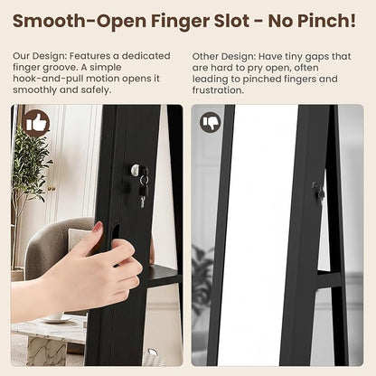 4-In-1 Jewelry Cabinet Jewelry Armoire Lockable Standing, Black | Jewelry Organizer with Storage, Full-Length Mirror, 3 Storage Shelves, Makeup Mirror, 360 ° Swivel Jewelry Armoire for Women