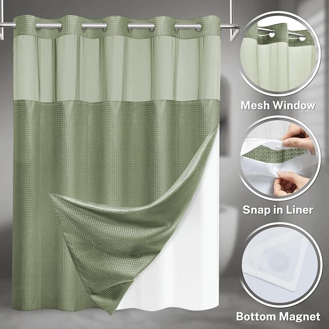 SORTTO No Hook Shower Curtain with Snap in Liner Set Waffle Shower Curtain for Bathroom Hotel Style Fabric Waterproof Inner Liner，54" W x 80" H, Sage Green
