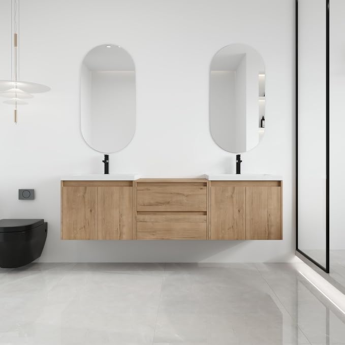 Malwee 72'' Floating Bathroom Vanity with Double Sink, Brown | Wall Mounted Double Sink Combo, Plywood Cabinet, Resin Basin, Ample Storage, Soft-close Hinge, Assembly Required