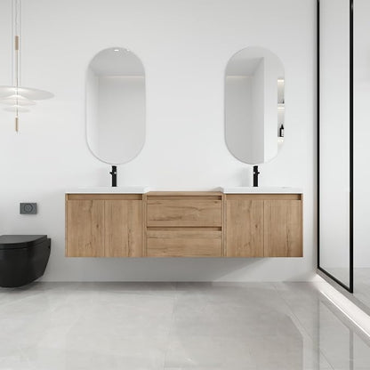 Malwee 72'' Floating Bathroom Vanity with Double Sink, Brown | Wall Mounted Double Sink Combo, Plywood Cabinet, Resin Basin, Ample Storage, Soft-close Hinge, Assembly Required