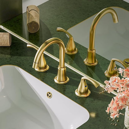 Phiestina Brushed Gold Farmhouse Rotatable Bathroom Faucet - 8 Inch Widespread 3-Hole with Pull-Out Sprayer, Lead-Free Stainless Steel, Metal Pop-Up Drain, Water Supply Lines, 2 Handles,WFJC180CL-BG