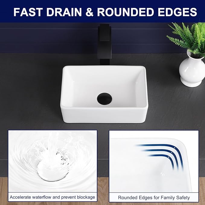 Vessel Sink 15"x9" Rectangular Bathroom Sink Modern White Porcelain Ceramic Above Counter Drop-in Vanity Sink for Bathrooms Art Basin